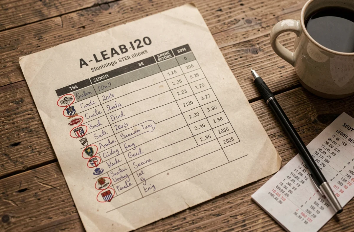 Vue aérienne d'un tableau de classement A-League 2026 imprimé avec notes manuscrites et ticket de pari sportif sur une table en bois