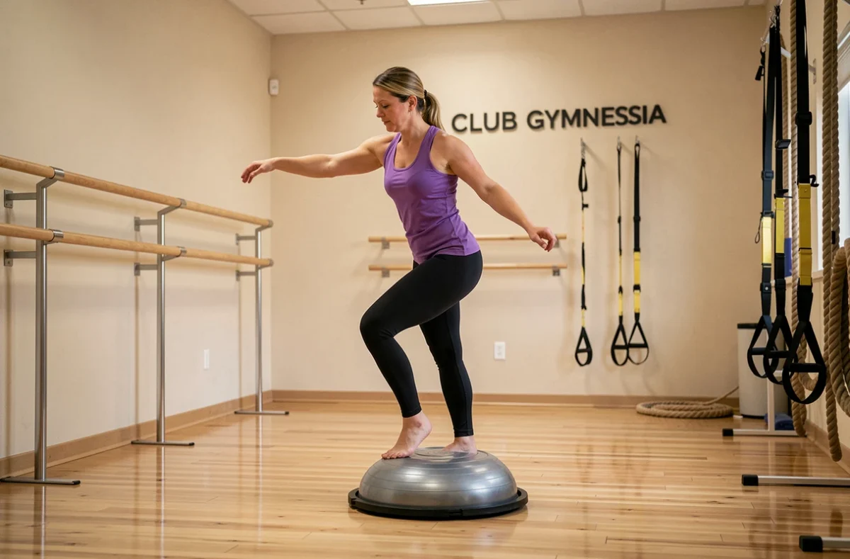 Femme s'entraînant sur un Bosu ball au Club Gymnesia