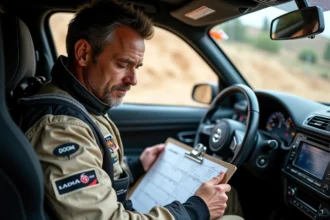 Co-pilote de rallye consultant ses notes de pace à l'intérieur d'un cockpit de voiture de rallye lors d'une épreuve 2026
