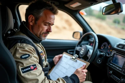 Co-pilote de rallye consultant ses notes de pace à l'intérieur d'un cockpit de voiture de rallye lors d'une épreuve 2026