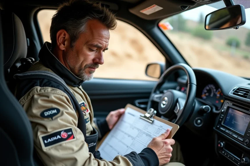 Co-pilote de rallye consultant ses notes de pace à l'intérieur d'un cockpit de voiture de rallye lors d'une épreuve 2026