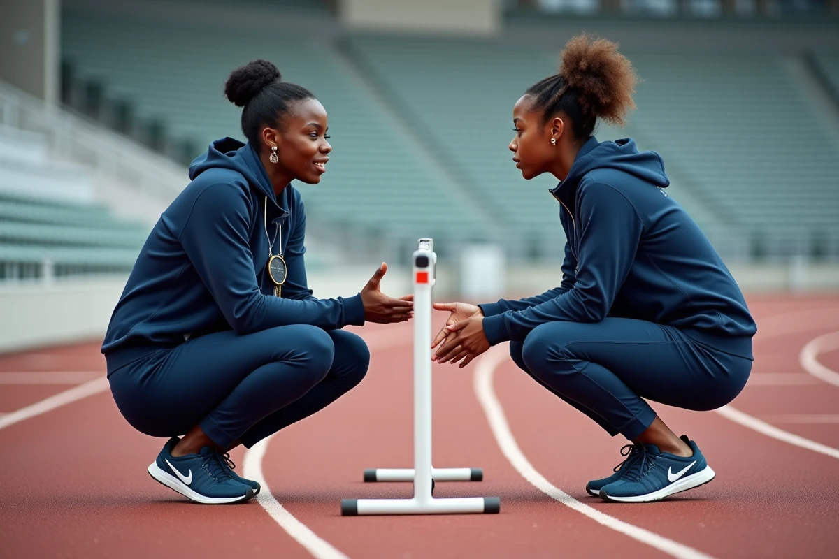 Entraîneuse d'athlétisme transmettant son savoir-faire à une jeune hurdleuse lors d'une séance d'entraînement sur piste couverte