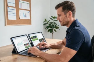 Coach sportif comparant deux applications de coaching sur tablettes dans un bureau moderne