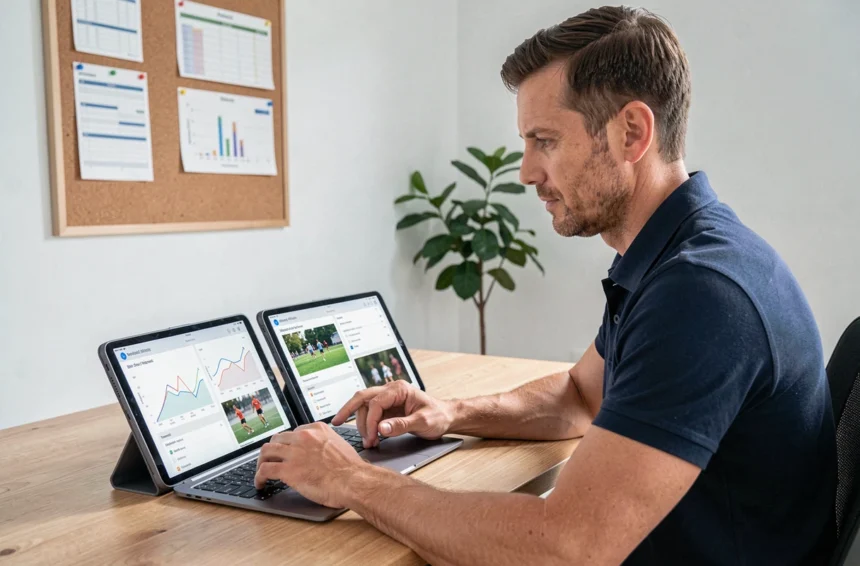 Coach sportif comparant deux applications de coaching sur tablettes dans un bureau moderne