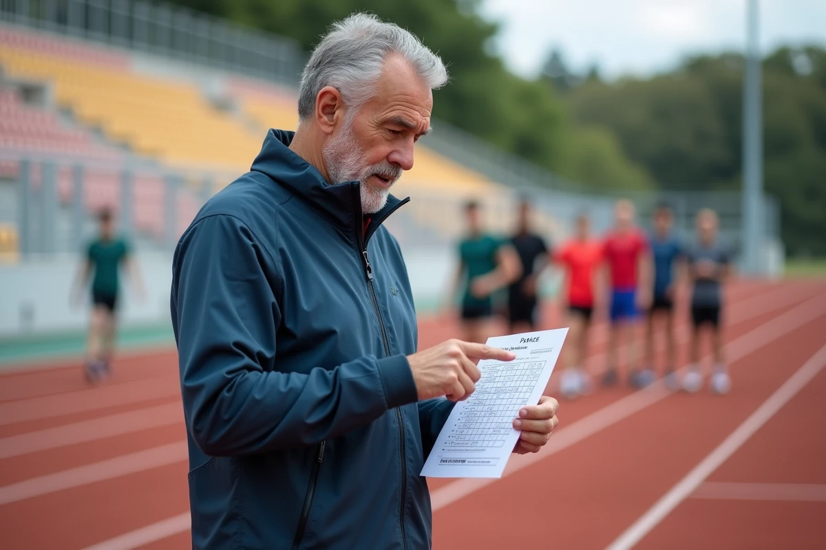 Entraineur expliquant un tableau de course aux athlètes