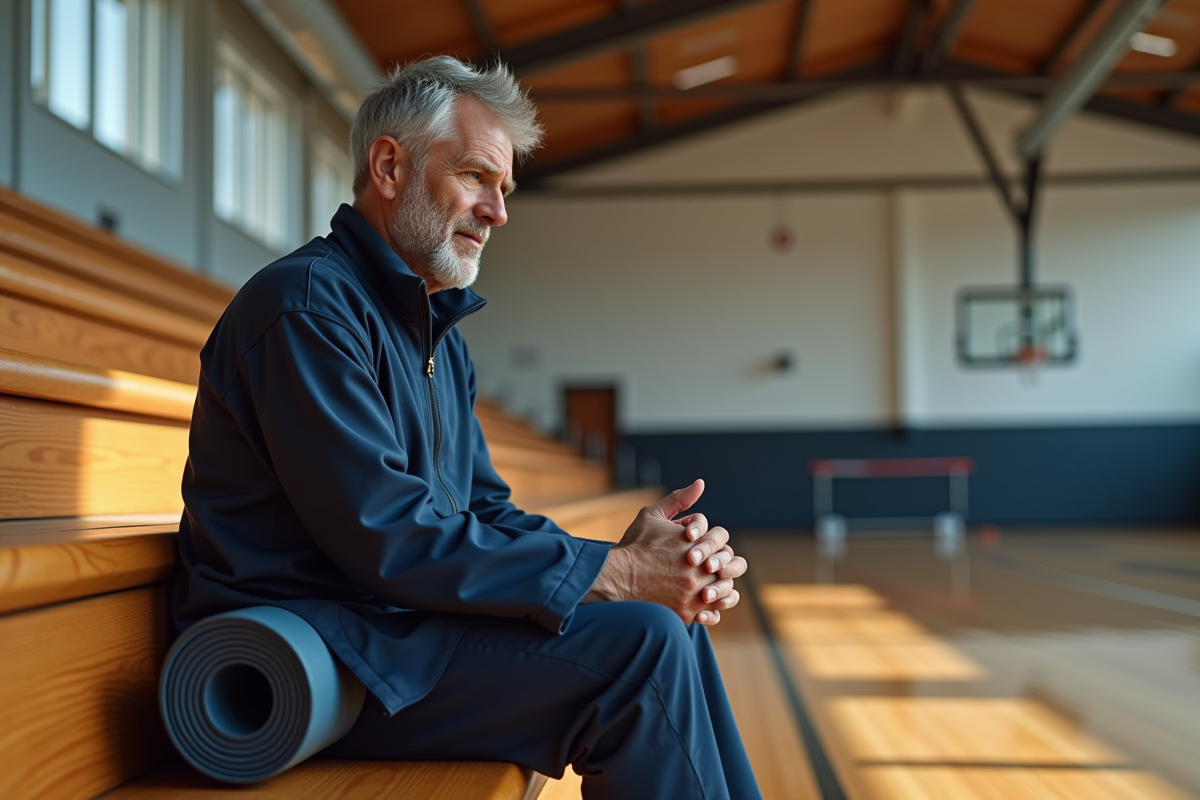 Coach réfléchi assis sur les gradins dans un dojo calme