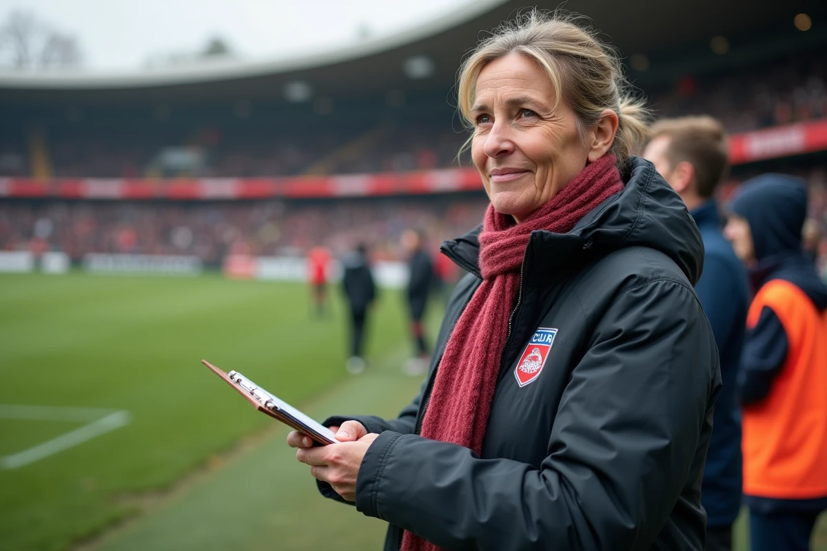 Entraîneure de rugby regardant le match avec clipboard en main