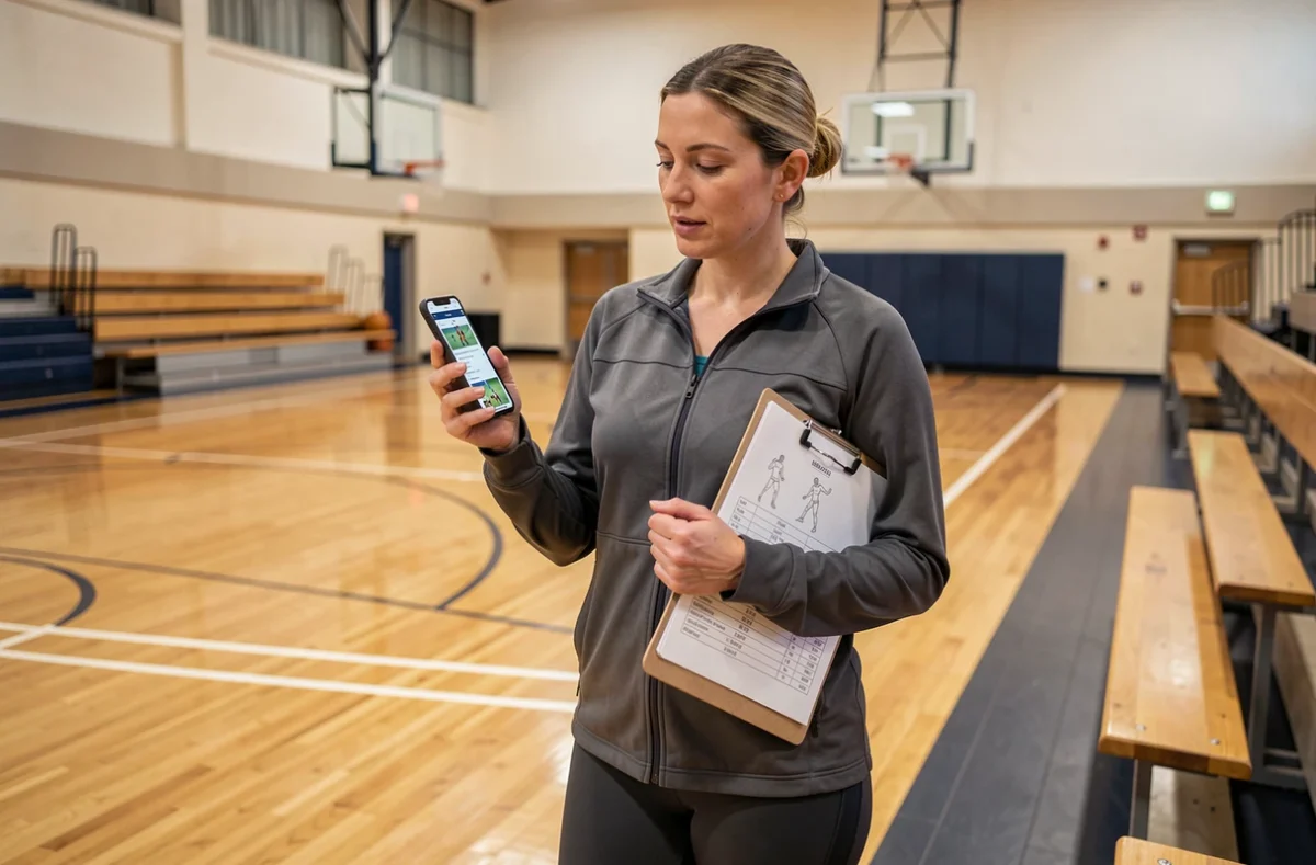 Entraîneuse de basketball sur un terrain intérieur consultant une application de coaching sportif sur smartphone