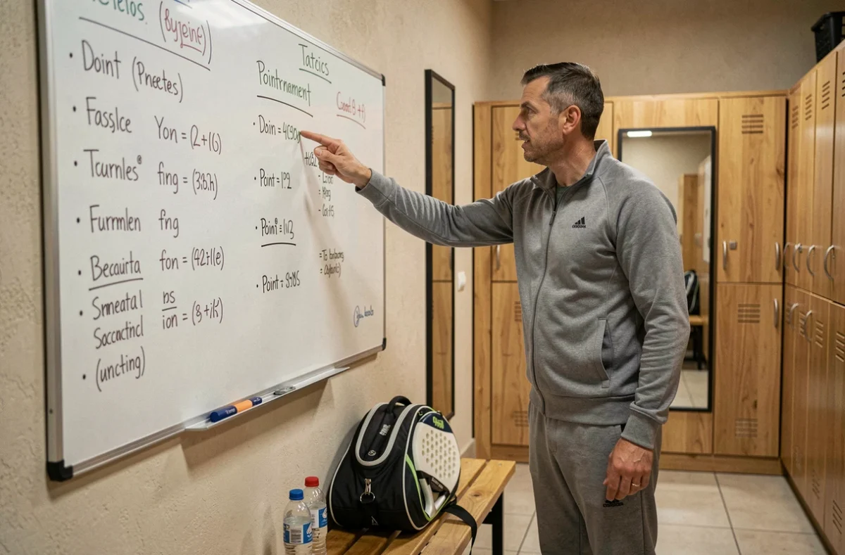 Entraîneur de padel expliquant les erreurs de calcul de points P100 et de classement sur un tableau tactique dans un vestiaire de club