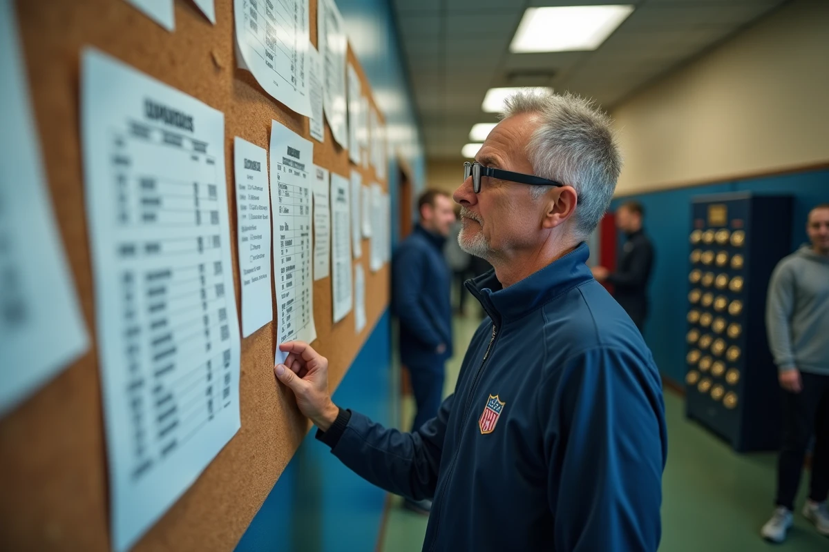 Entraineur mature vérifiant les résultats dans un gymnase