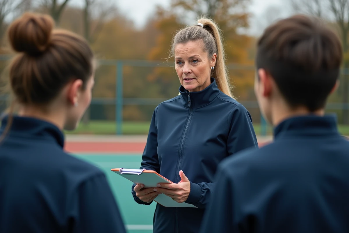 Entraineure de rugby femme donnant des instructions aux joueurs