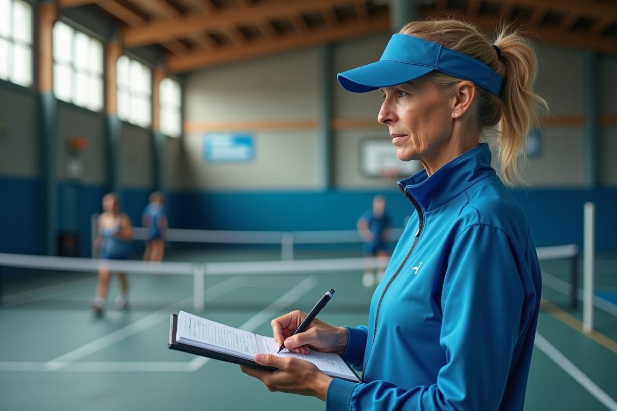 Entraineure de tennis en pleine consultation en salle