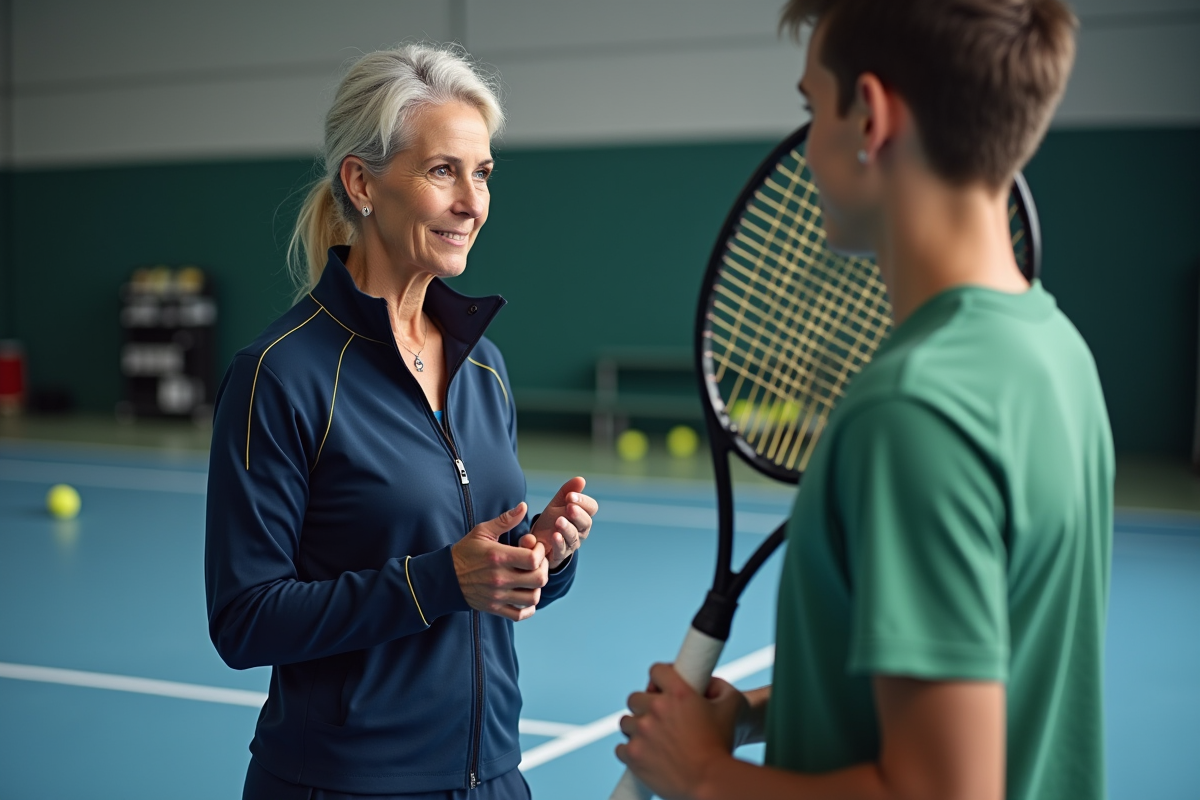 Entraîneuse de tennis montrant la prise de raquette à un jeune joueur