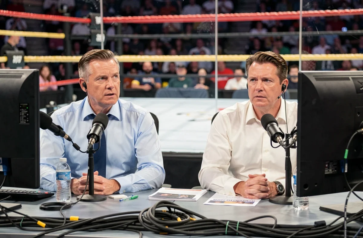 Commentateurs sportifs en direct au bord du ring lors d'un événement WWE Saturday Night Main Event