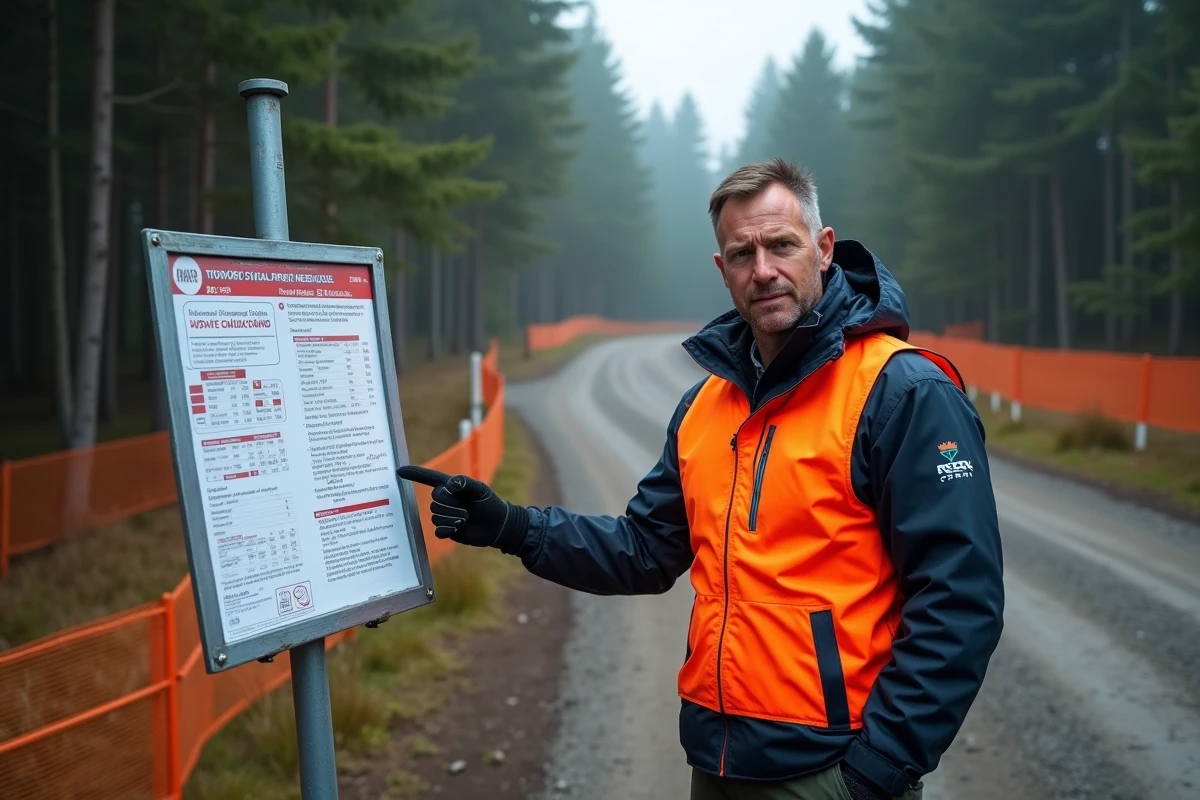 Commissaire de rallye pointant le calendrier officiel mis à jour sur un panneau en bord de spéciale forestière