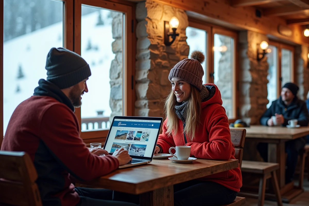 Couple de skieurs achetant leur forfait Les Arcs en ligne dans un café de montagne cosy