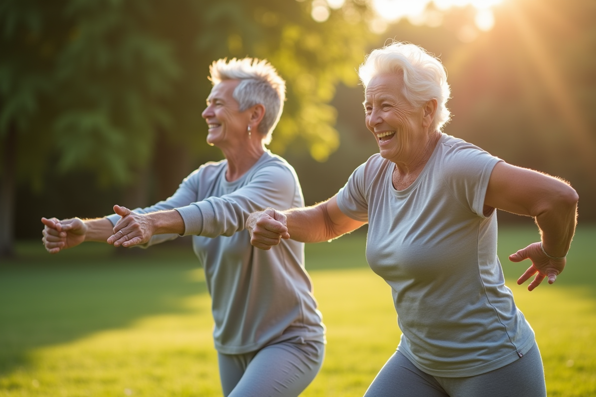 Couple senior pratiquant des exercices dans un parc vert