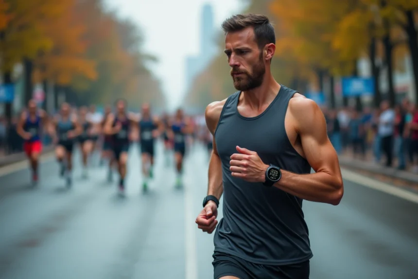 Coureur de marathon consultant sa montre GPS avant le départ, analysant son allure cible entre 3h30 et 3h45