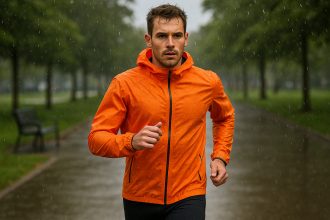 Coureur en veste de performance sous la pluie en ville