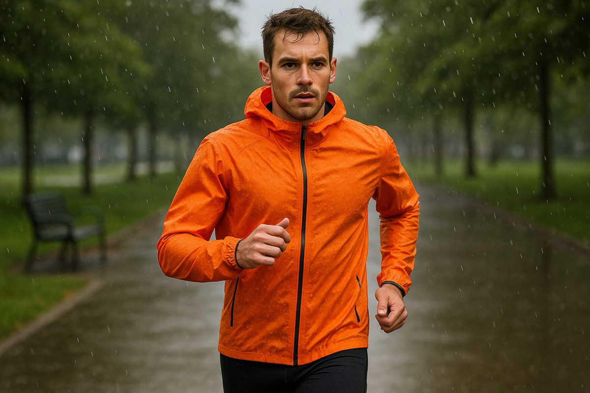 Coureur en veste de performance sous la pluie en ville