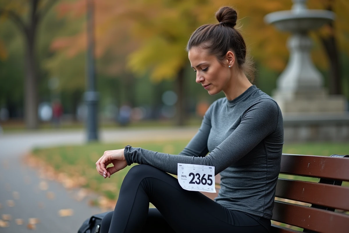 Coureuse étudiant un tableau d'allure marathon sur son avant-bras dans un parc, préparant son objectif de temps entre 3h30 et 3h45