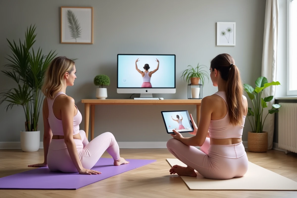 Deux femmes pratiquant le Pilates ensemble à la maison en suivant un cours en ligne gratuit en français sur écran