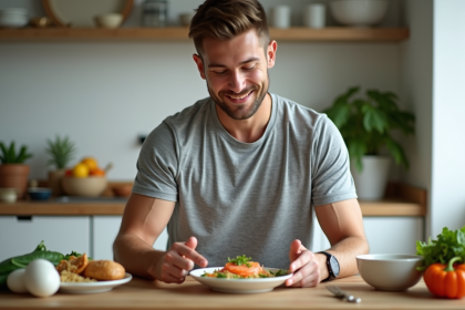 Jeune homme en cuisine préparant un repas sain avec saumon et quinoa
