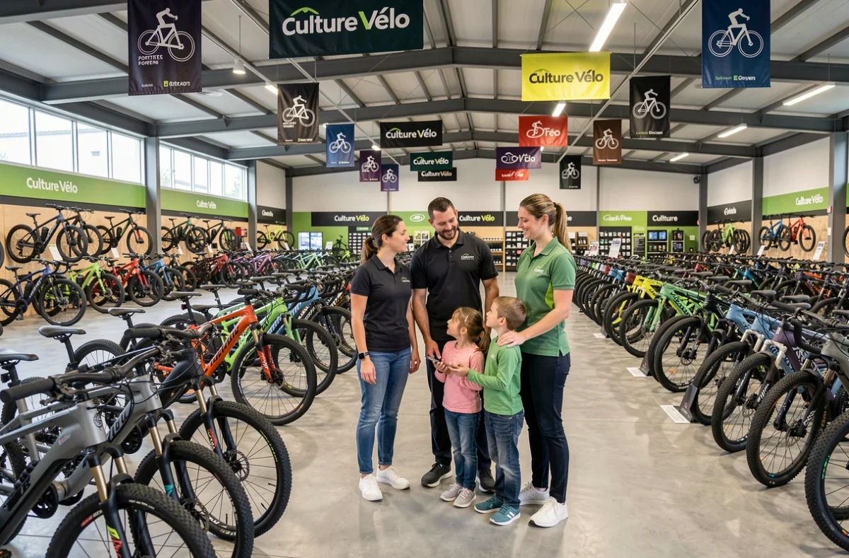 Vaste showroom de Culture Vélo Toulouse Portet avec des rangées de vélos et une vendeuse aidant des clients