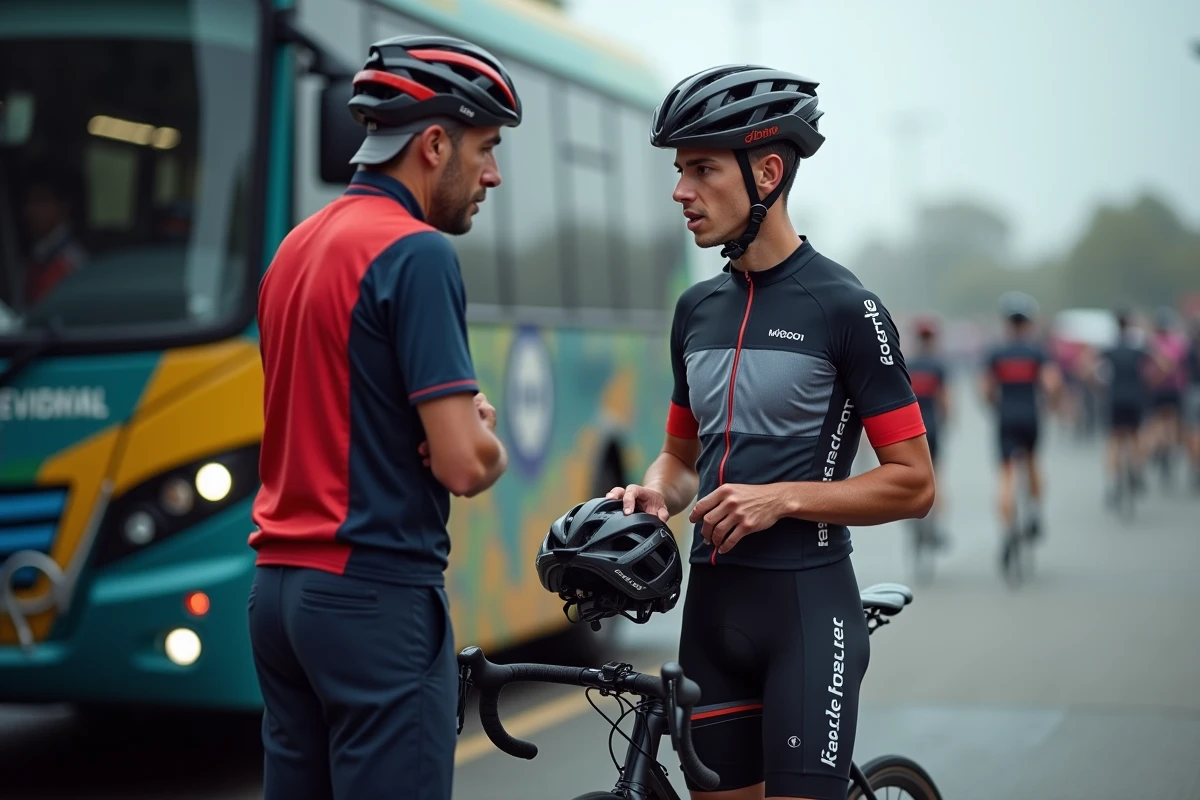 Cycliste professionnel discutant avec son directeur sportif avant le départ d'une course cycliste