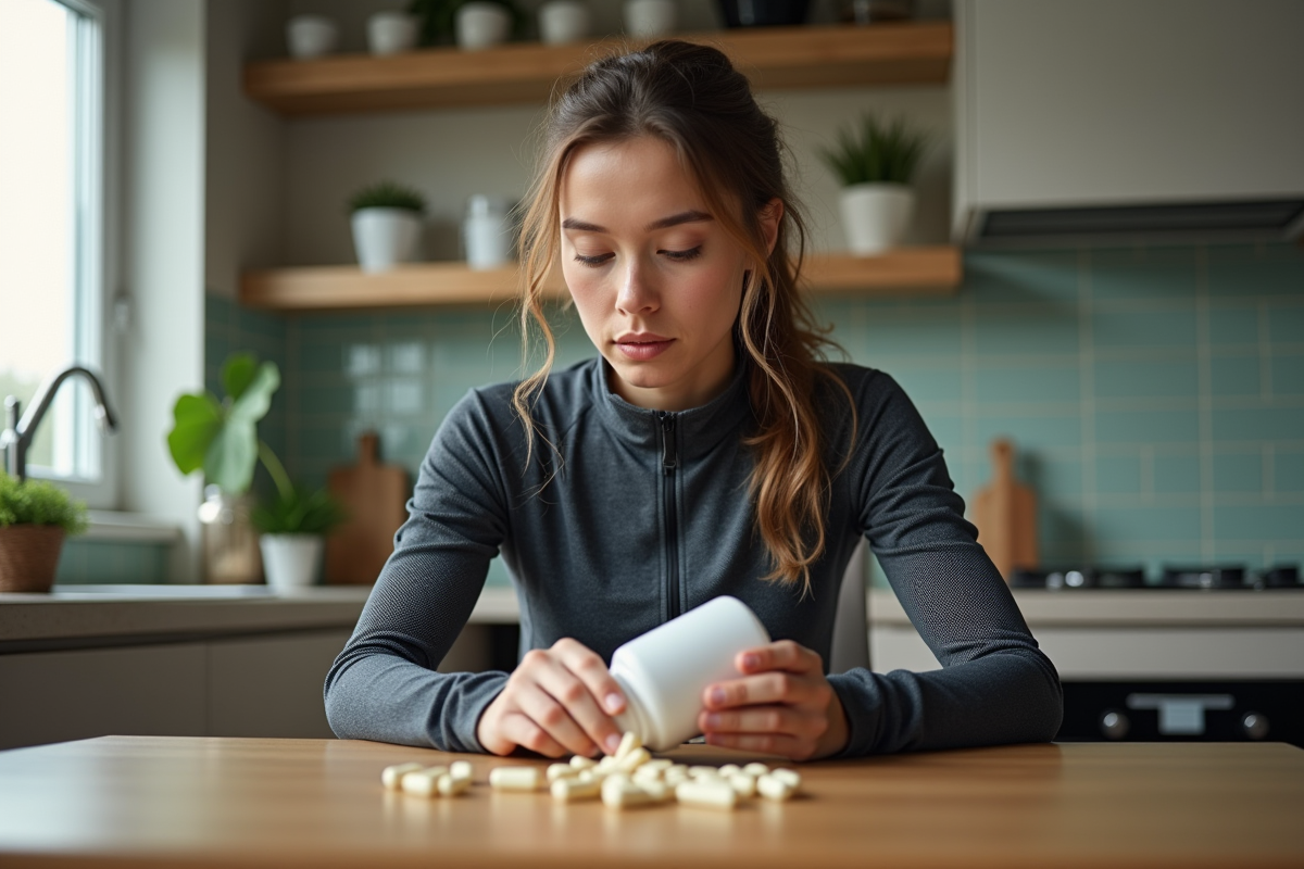 Femme cycliste examinant des capsules d omega3 dans sa cuisine