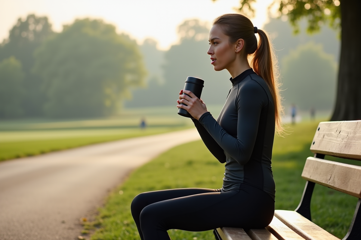 Femme cycliste mangeant avant l entraînement sur un banc