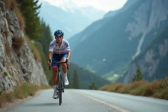 Jeune cycliste professionnel gravissant un col alpin lors d'une course de montagne, regard concentré et déterminé