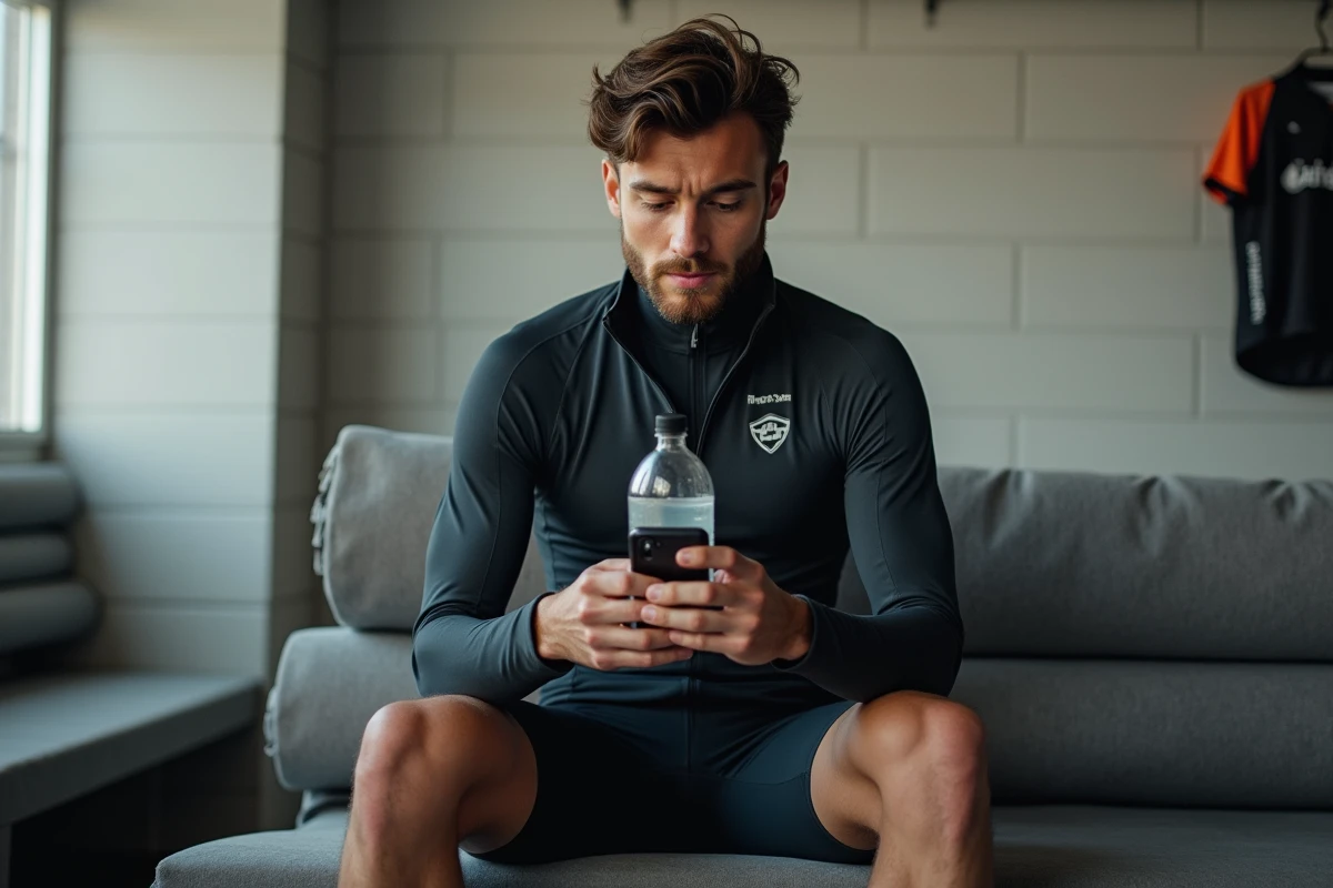 Cycliste professionnel en récupération après une étape de course, assis dans la salle de l'équipe avec une bouteille d'eau