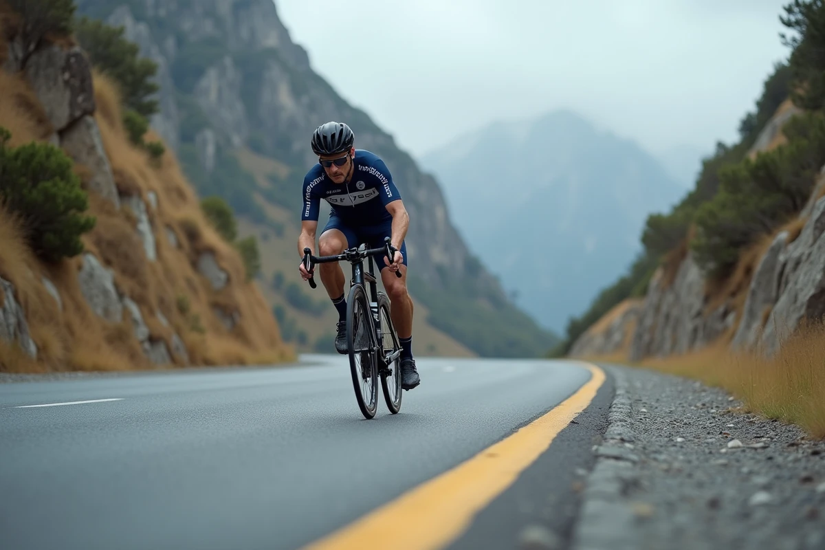 Cycliste en position de course sur le Van Rysel RCR Signature dans un col de montagne