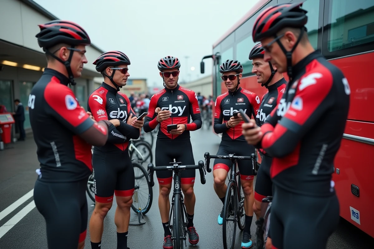 Groupe de cyclistes professionnels en discussion à l'extérieur