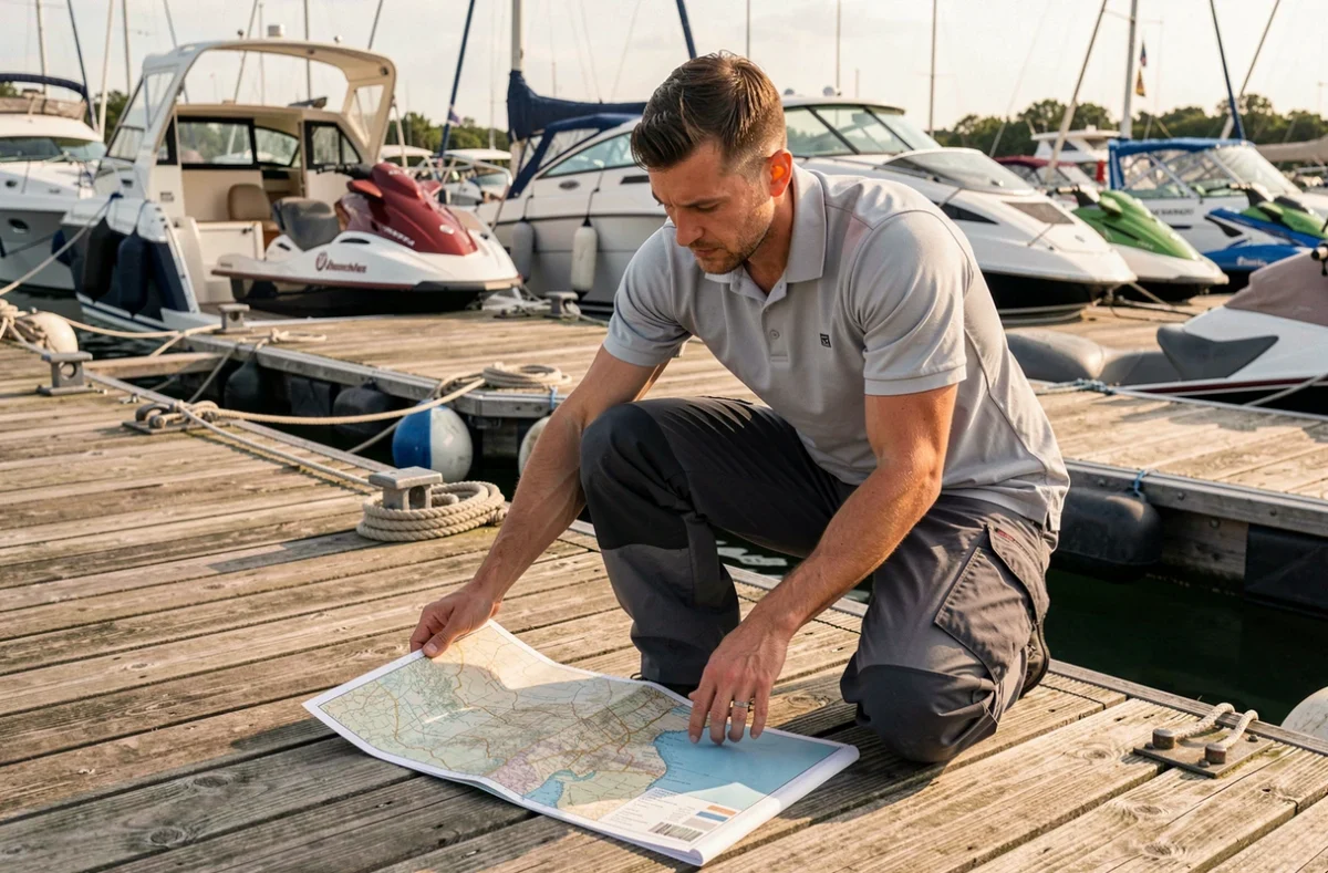 Homme débutant étudiant une carte nautique sur un ponton de marina avant sa première sortie en bateau