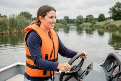 Jeune femme débutante à la barre d'un bateau à moteur sur une rivière calme, portant un gilet de sauvetage orange
