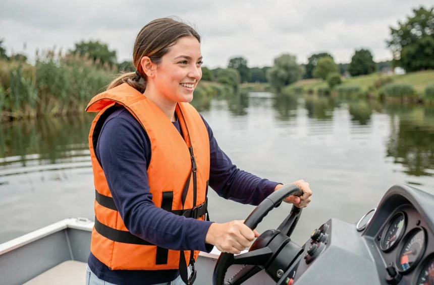 Jeune femme débutante à la barre d'un bateau à moteur sur une rivière calme, portant un gilet de sauvetage orange