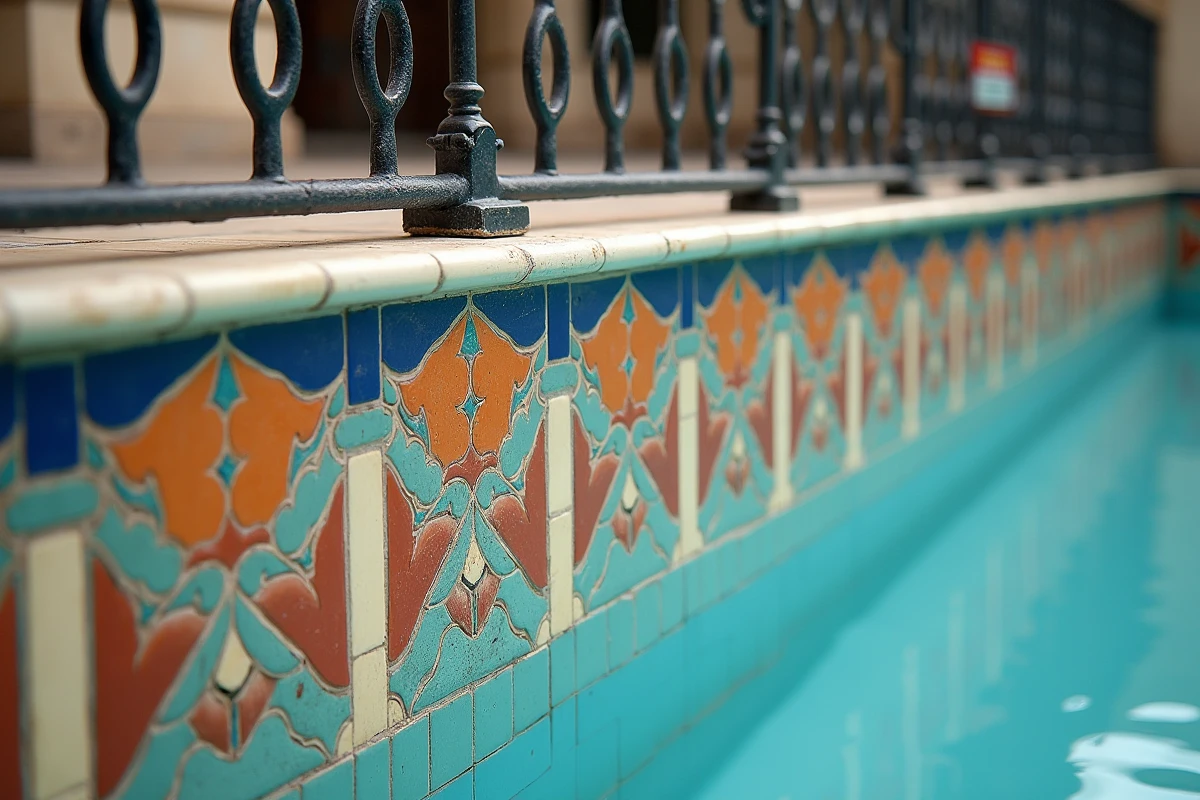 Détail de la frise en mosaïque céramique Art déco et de la rambarde en fer forgé de la Piscine de la Butte aux Cailles