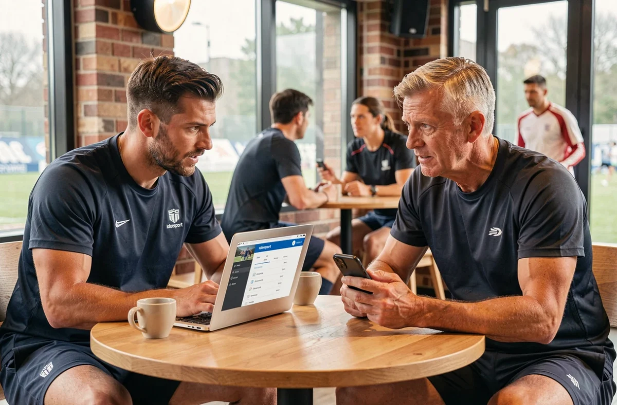 Deux coachs sportifs comparant des outils de coaching numérique autour d'un café dans un club sportif