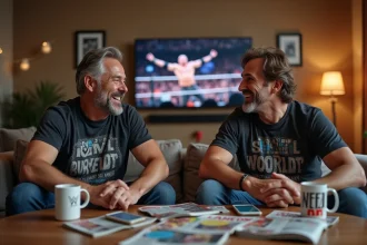 Deux hommes en t-shirts de catch vintage discutent dans un salon