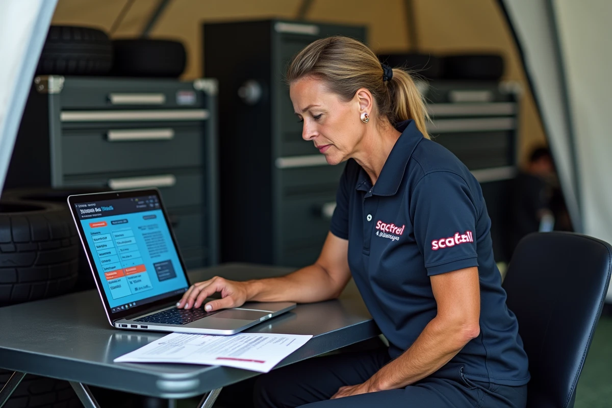 Directrice d'équipe de rallye consultant le calendrier 2026 mis à jour sur ordinateur dans un parc d'assistance