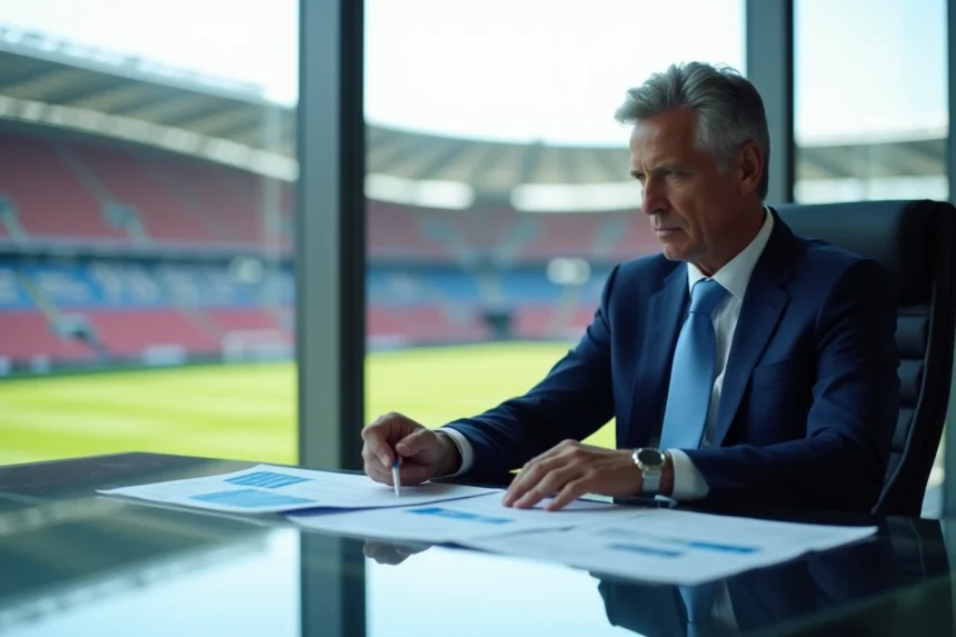 Dirigeant du club de football de Lyon analysant les finances et le budget de l'OL dans une salle de réunion moderne avec vue sur le stade