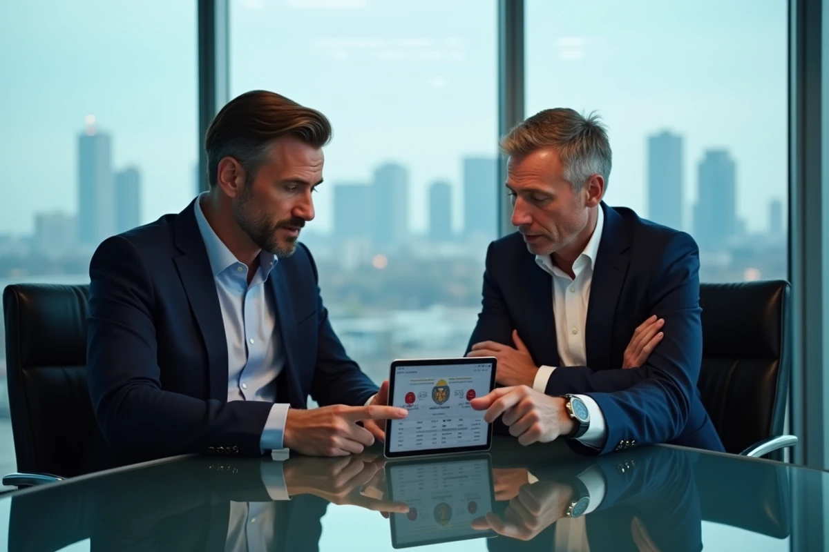 Deux dirigeants de club de football discutant de l'avenir d'un joueur professionnel autour d'une tablette dans une salle de réunion moderne