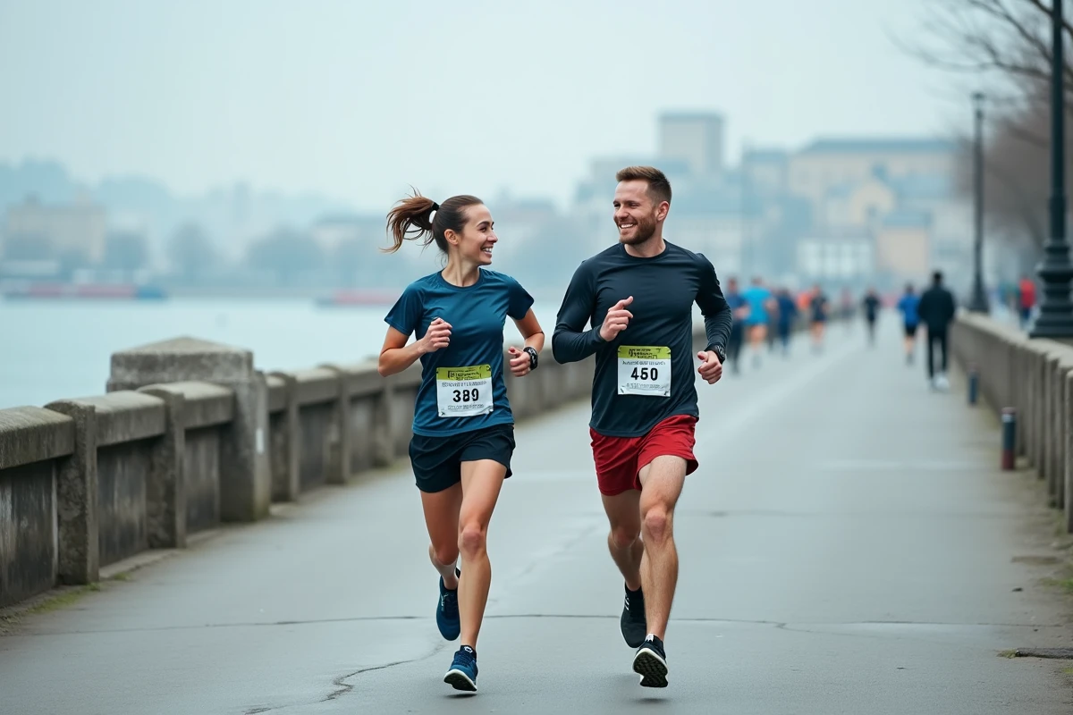 Deux coureurs amateur discutant de leur stratégie d'allure marathon en courant ensemble sur un chemin de bord de rivière
