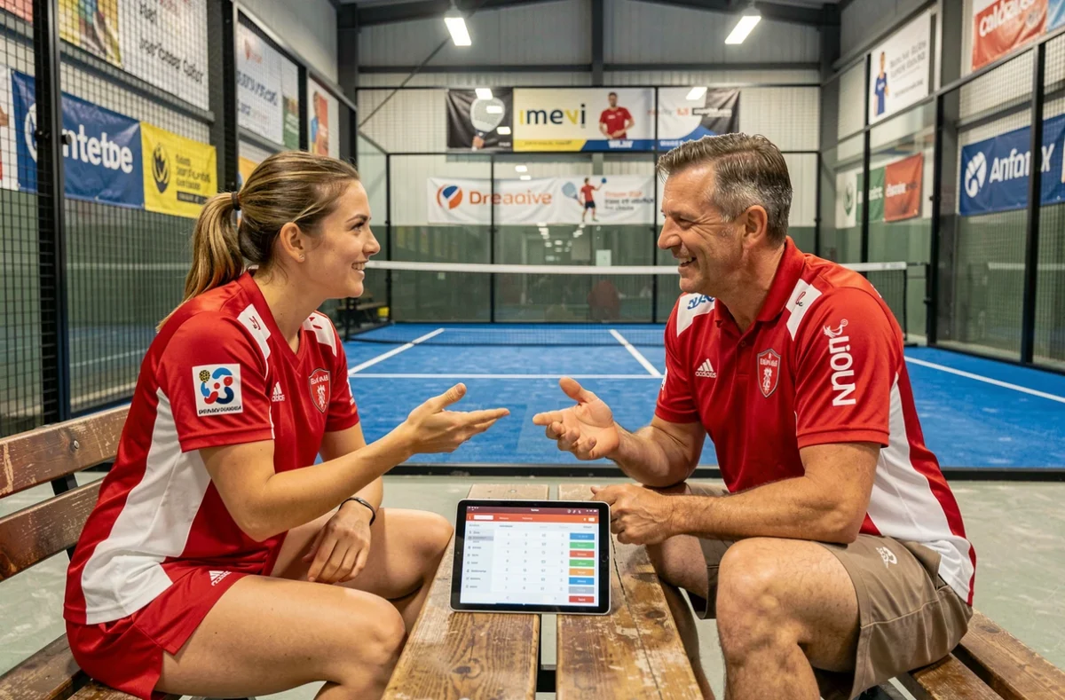 Deux joueurs de padel discutant de leurs erreurs de classement P100 sur une tablette après un match dans un club indoor
