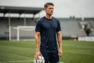Joueur de football professionnel en tenue d'entraînement sur un terrain vert, regard pensif vers l'horizon, évoquant une réflexion sur l'avenir de sa carrière