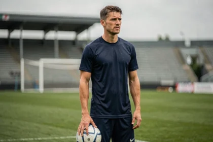 Joueur de football professionnel en tenue d'entraînement sur un terrain vert, regard pensif vers l'horizon, évoquant une réflexion sur l'avenir de sa carrière