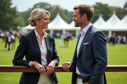 Femme élégante et homme en blazer discutant lors d'un événement équestre