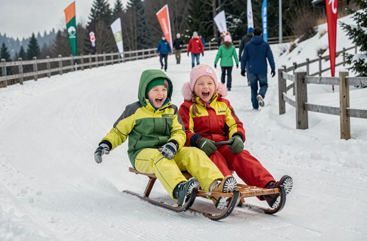 Deux enfants en luge sur une piste enneigée dans une station de sports d'hiver, activité familiale hors ski